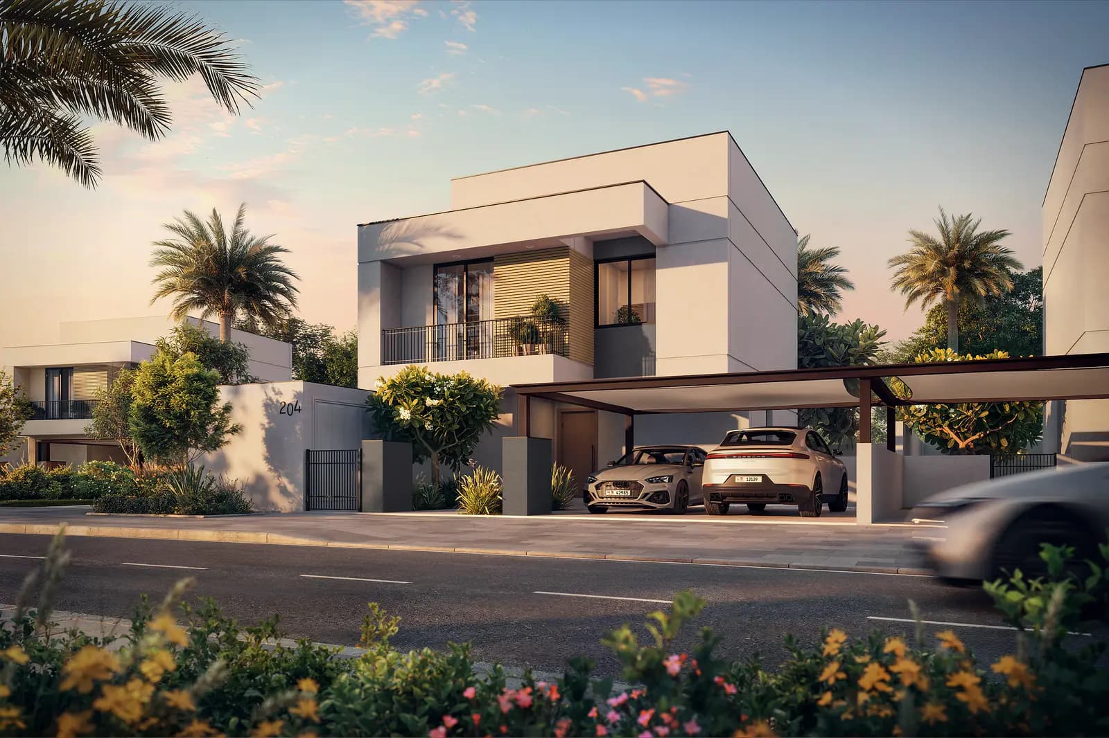 Al Ghadeer Gardens, render of a villa street