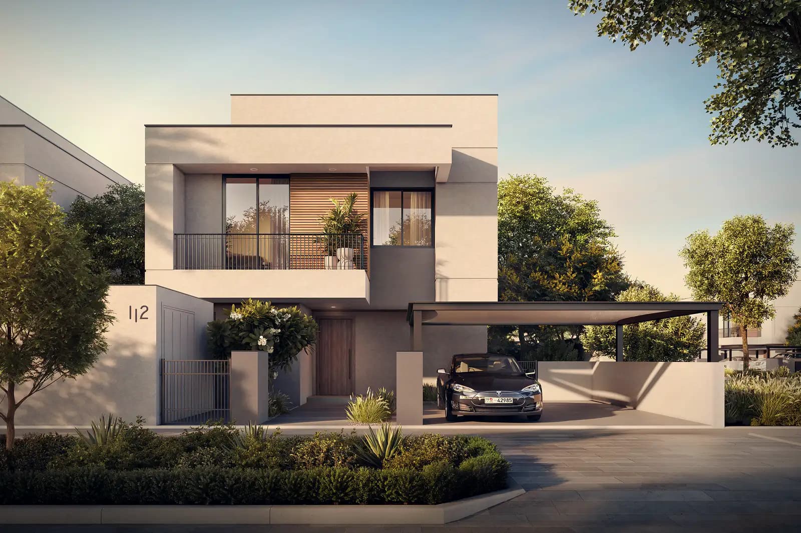 Al Ghadeer Gardens by Aldar, render of a villa facade