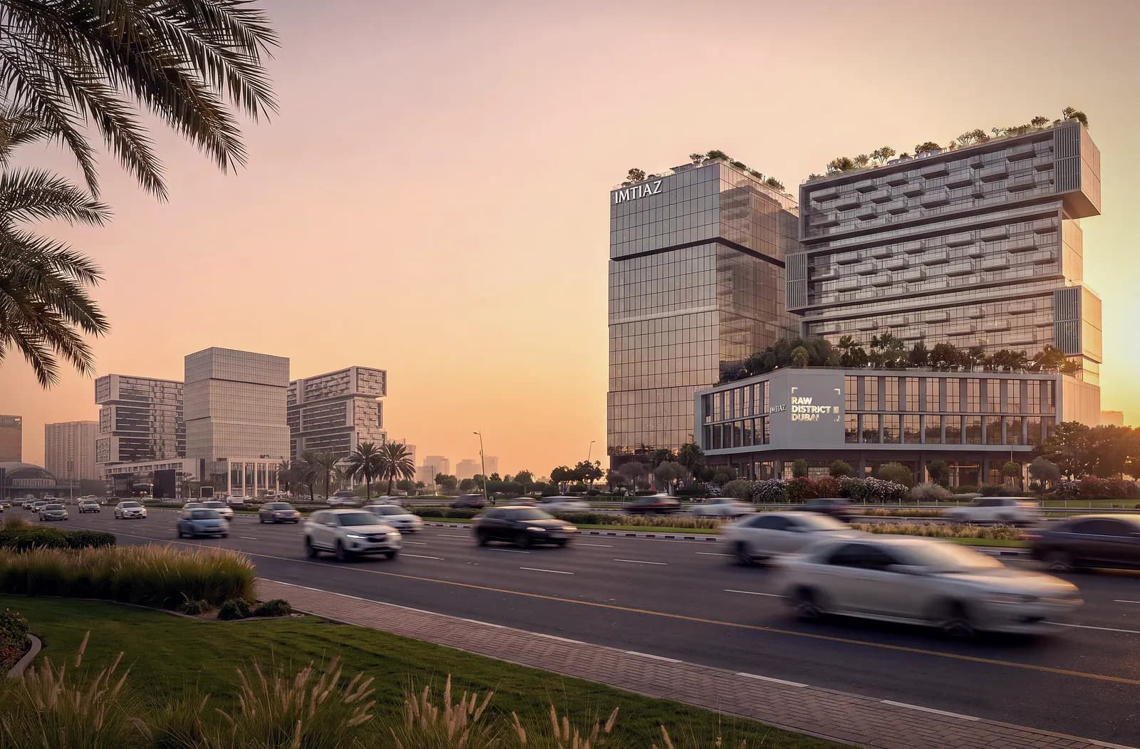 Raw District II, render at sunset above the road