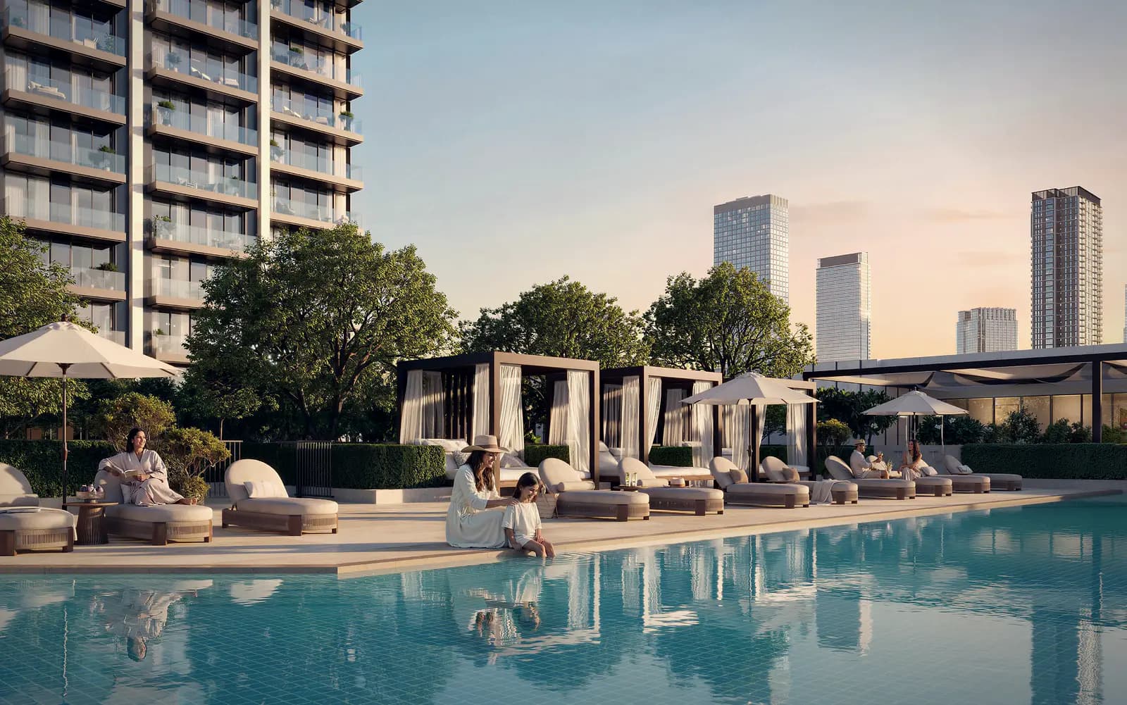Valia, render of the pool at golden hour