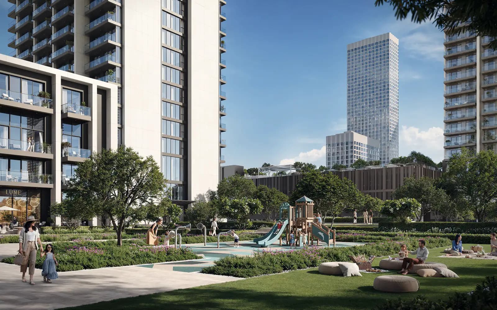 Valia, render of the park and towers