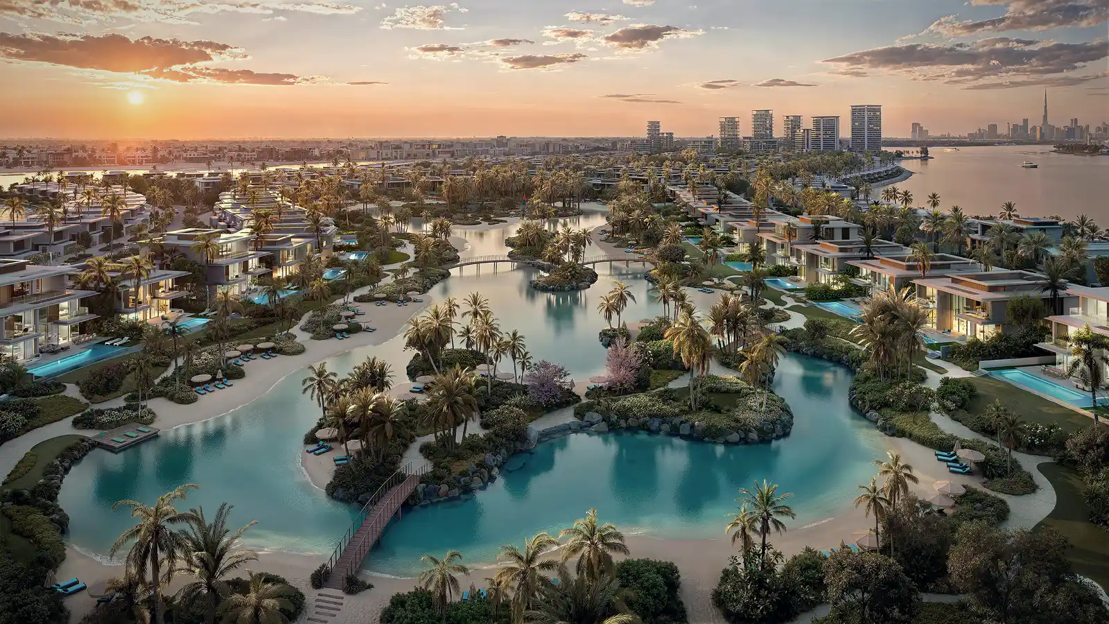 Bay Estate by Nakheel, aerial render of the islands at golden hour