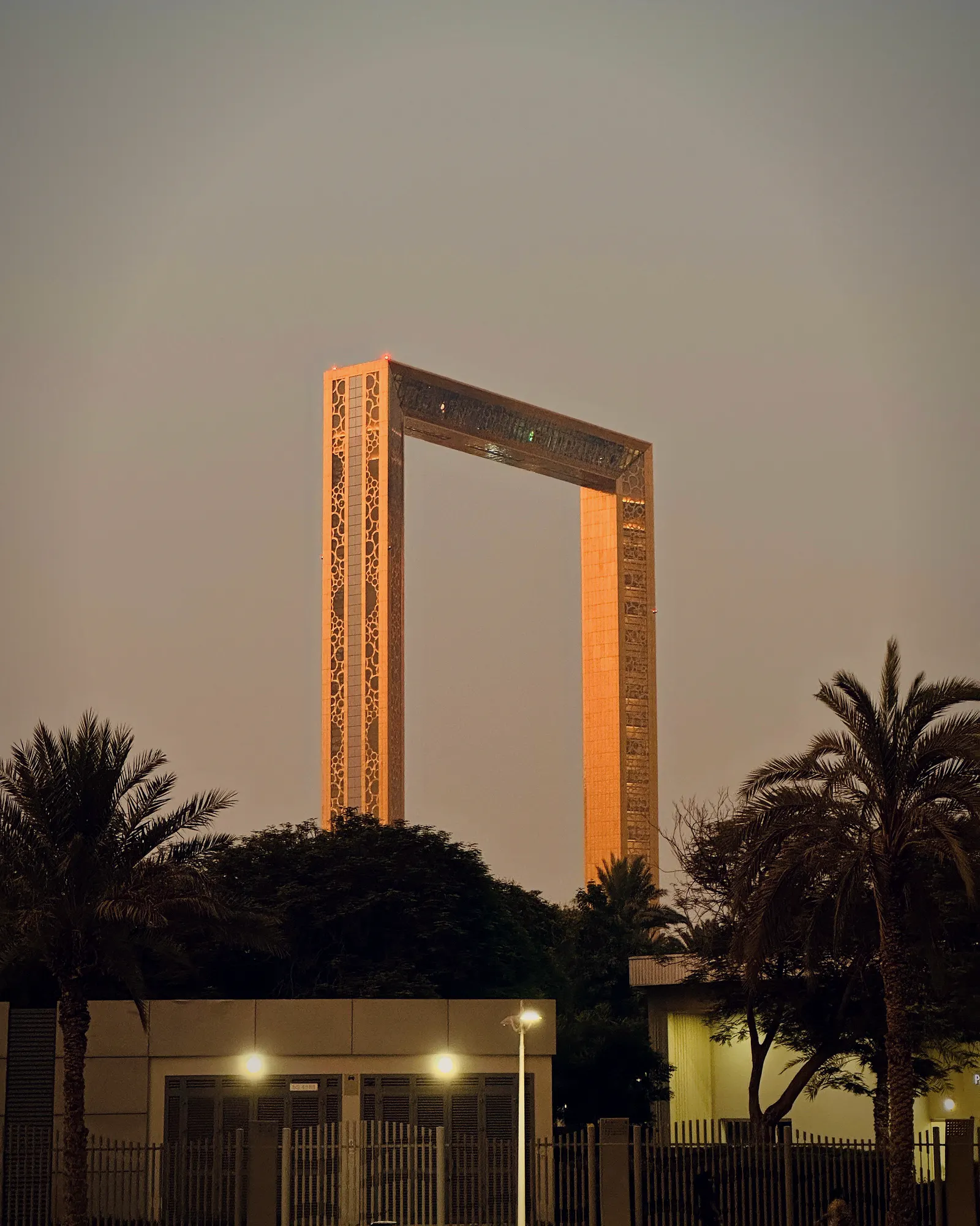 The Dubai Frame at sunset framed by palm trees